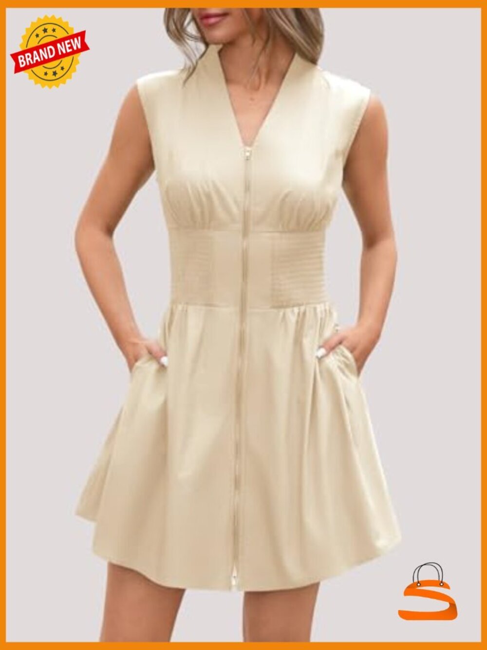 Sleeveless Zip Front A-Line Mini Dress with Pockets Summer Tank - Picture 3 of 5